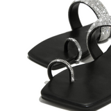 Rhinestone Toe Ring Flat Sandals- Black