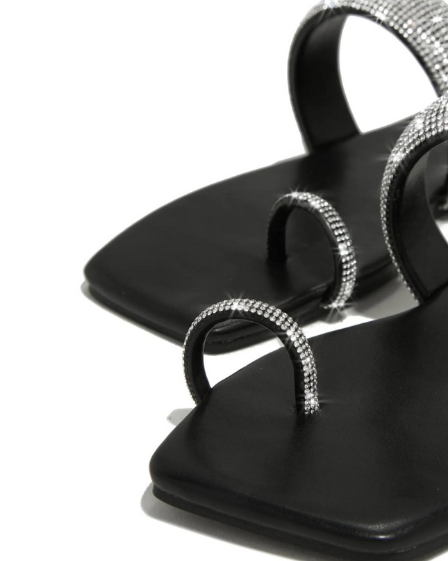 Rhinestone Toe Ring Flat Sandals- Black