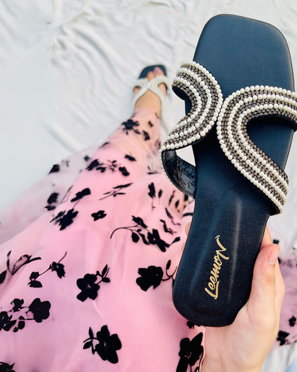 Faux Pearls Flat Sandals- Black
