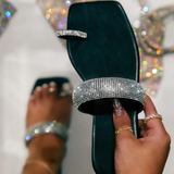 Rhinestone Toe Ring Flat Sandals- Black