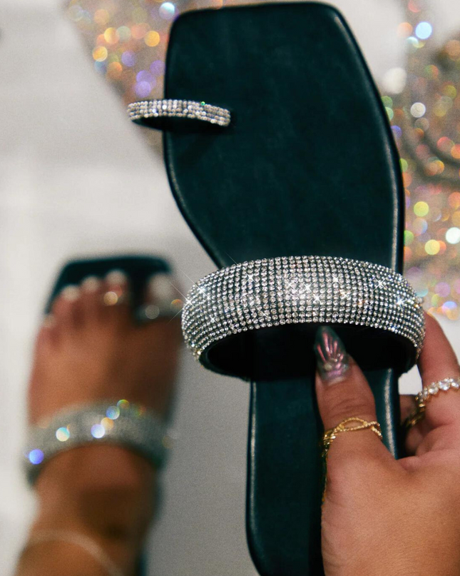 Rhinestone Toe Ring Flat Sandals- Black