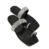 Rhinestone Toe Ring Flat Sandals- Black