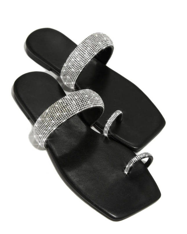 Rhinestone Toe Ring Flat Sandals- Black
