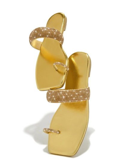 Rhinestone Toe Ring Flat Sandals -Golden