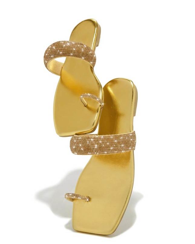 Rhinestone Toe Ring Flat Sandals -Golden