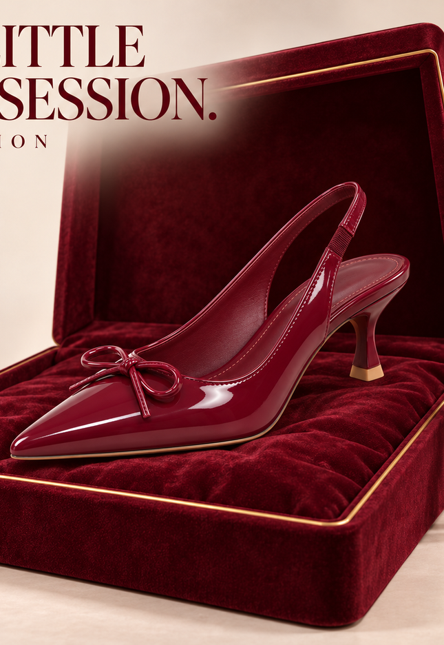 Glossy Bow Heels- Cherry Red Leemon Pakistan