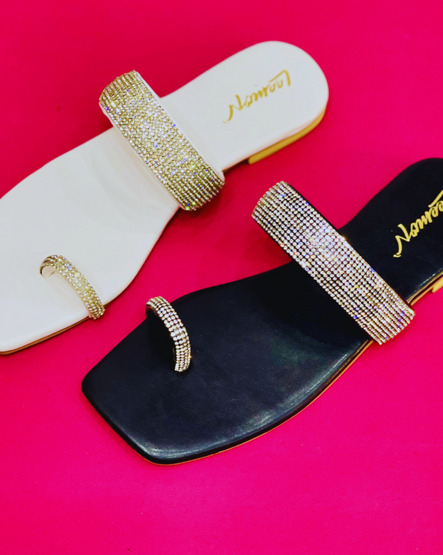 Rhinestone Toe Ring Flat Sandals- Black
