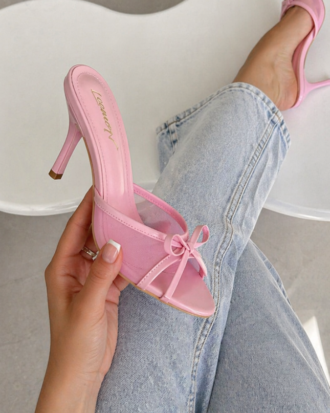 Stylish Mesh Bow Sandals- Pink