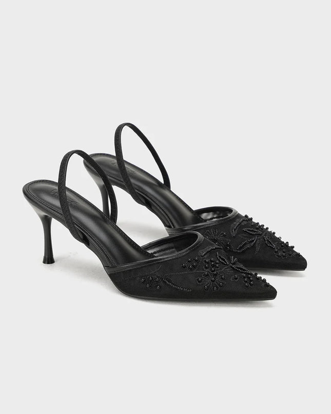 Luxury Embroidered Slingbacks- Black