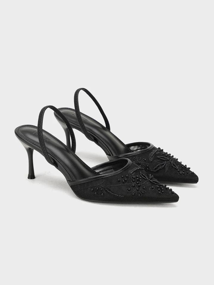 Luxury Embroidered Slingbacks- Black