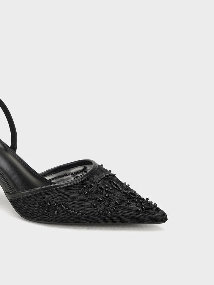 Luxury Embroidered Slingbacks- Black